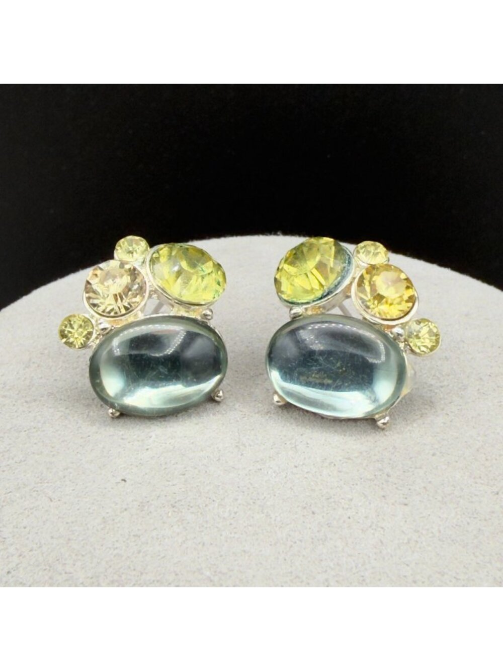 Napier Vintage Clip On Earrings Cabochon Silver Tone Blue Green Yellow READ